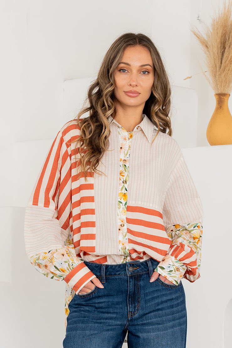 Ivory Rust Button Down Floral Stripe Top