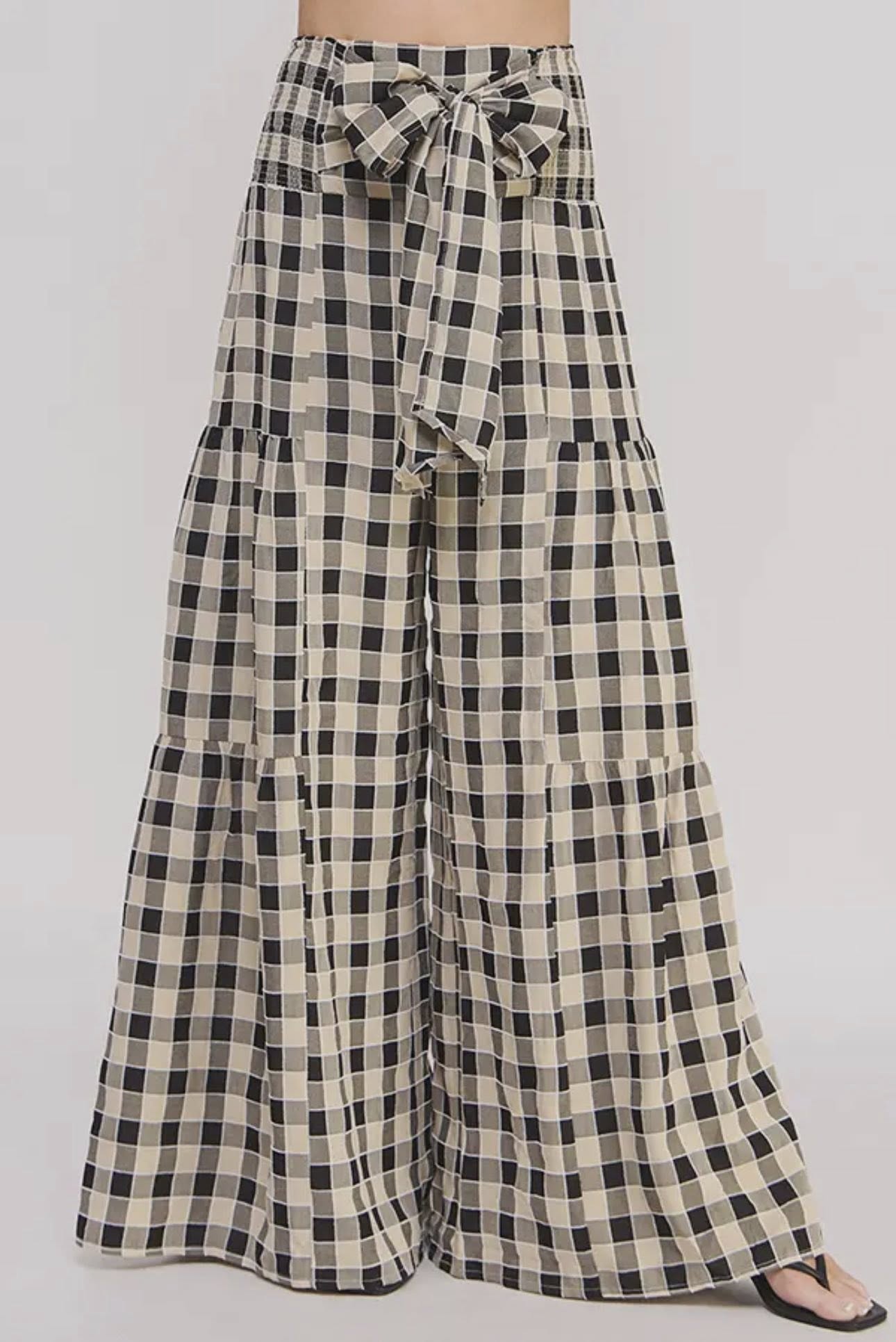 Black Smocked Waist Gingham Pant