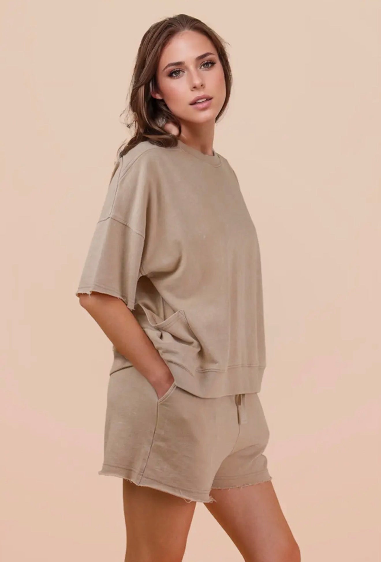Beige Mineral Washed Knit Set