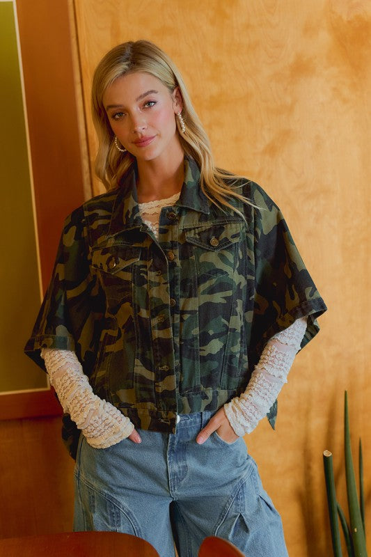 Camo Cape Sleeve Trucker Jacket