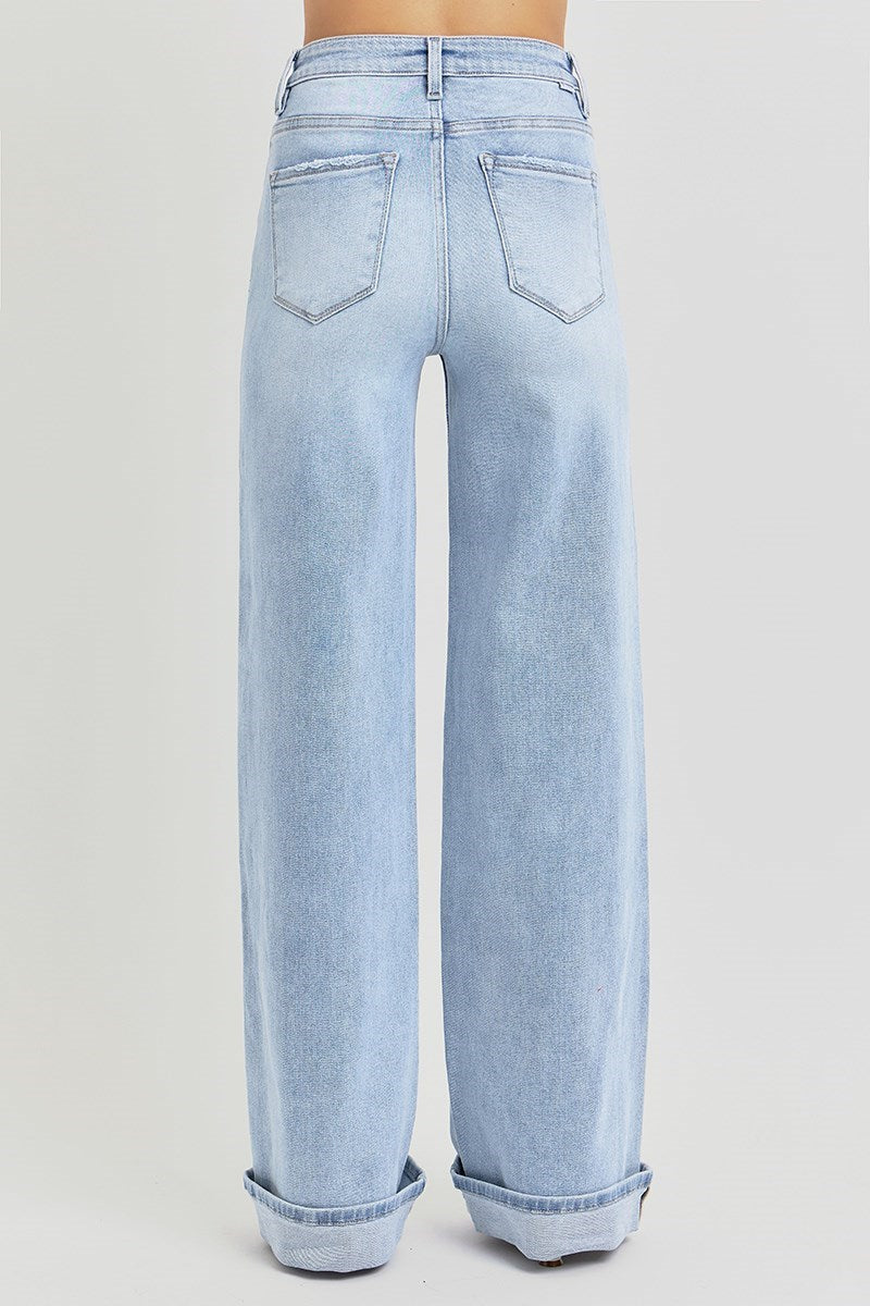Light Wash High Rise Wide Cuffed Jeans