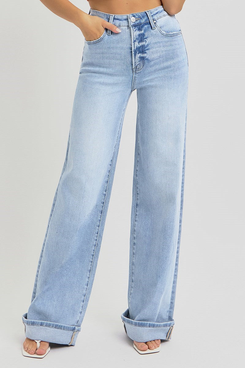 Light Wash High Rise Wide Cuffed Jeans