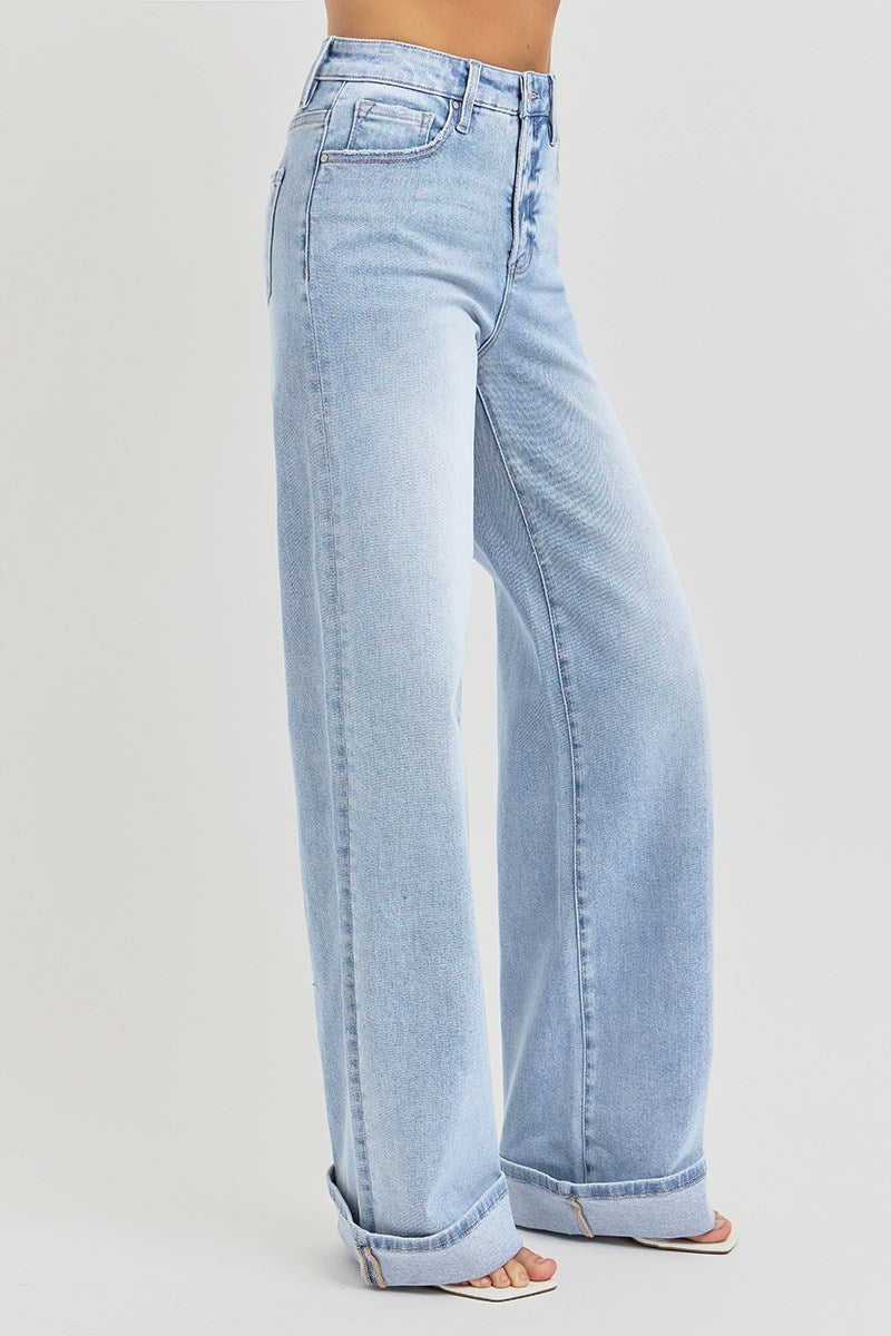 Light Wash High Rise Wide Cuffed Jeans