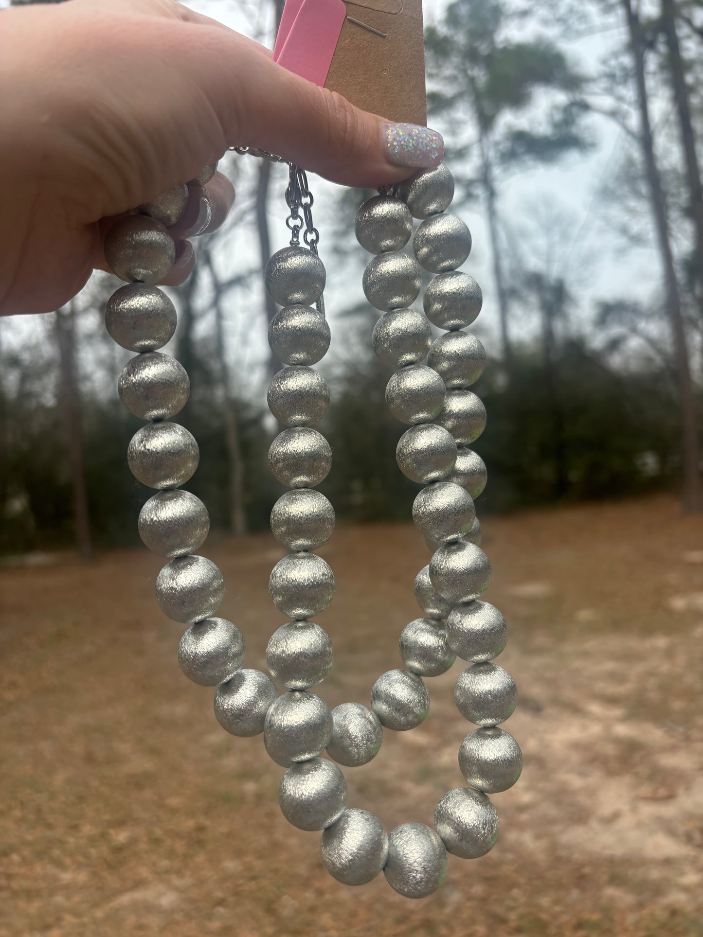 Large Silver Brushed Bead Necklace