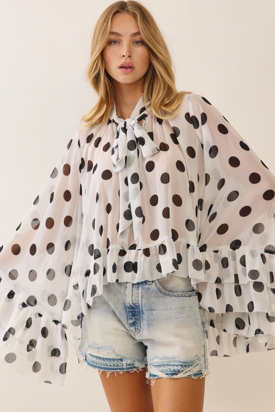 Polka Dot Chiffon Ruffle Top