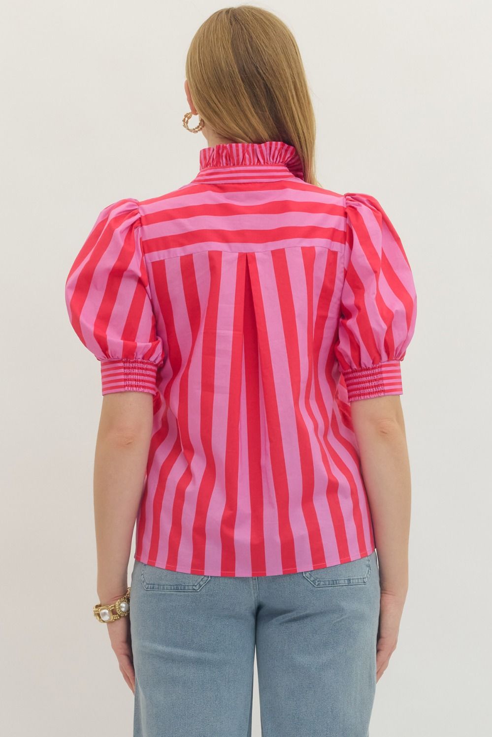 Red & Pink Striped Puff Sleeve Top