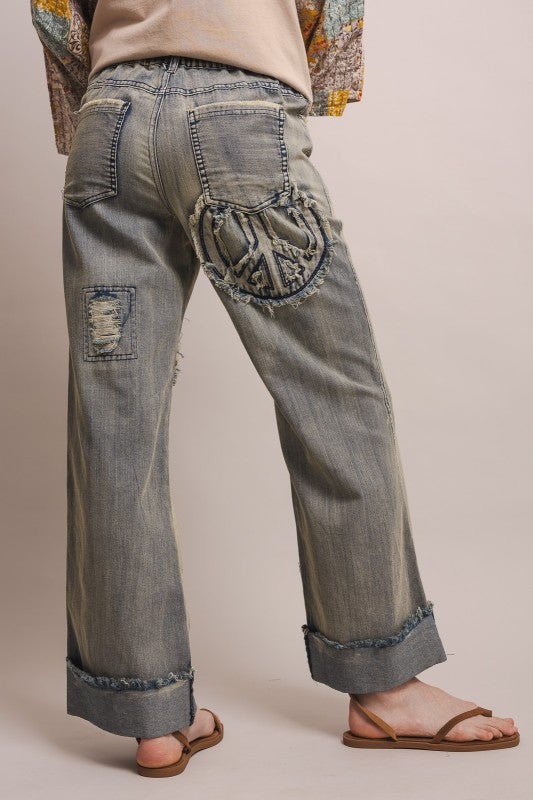 Peace Patch Work Distressed Denim Jeans
