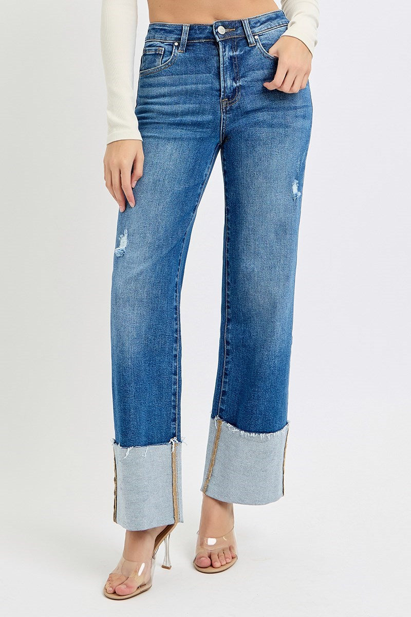 High Rise-Ankle Wide Cuffed Jeans