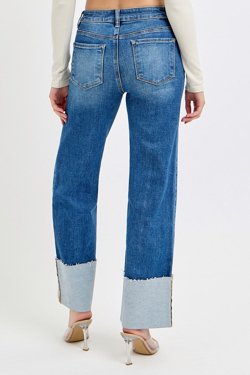 High Rise-Ankle Wide Cuffed Jeans