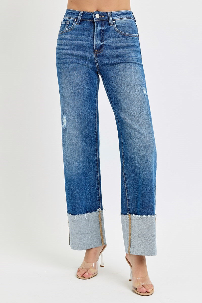 High Rise-Ankle Wide Cuffed Jeans
