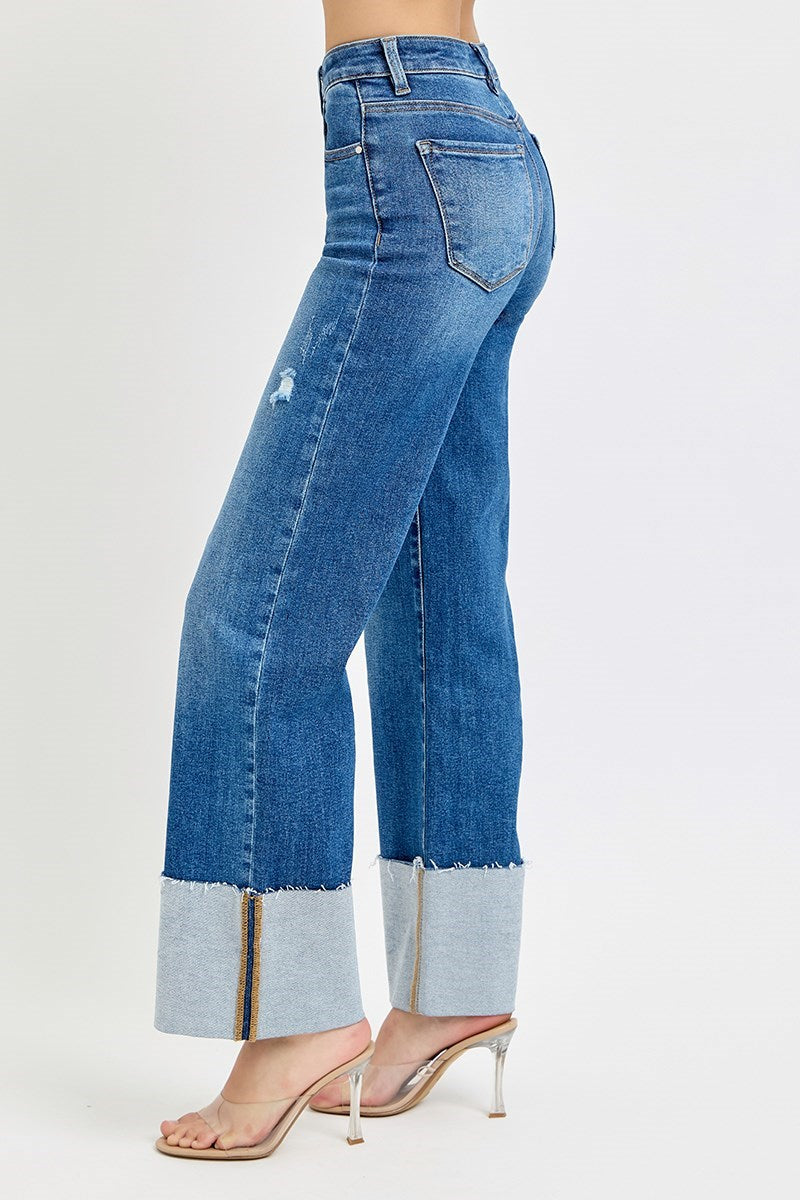 High Rise-Ankle Wide Cuffed Jeans