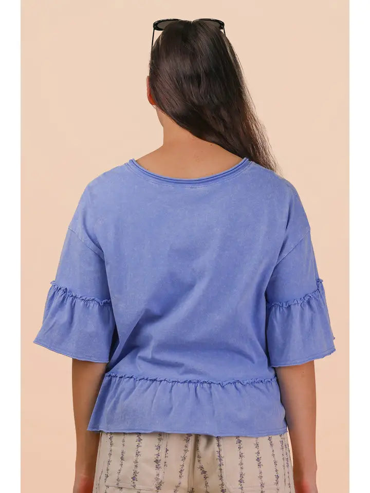 Blue Mineral Wash Ruffle Knit Top
