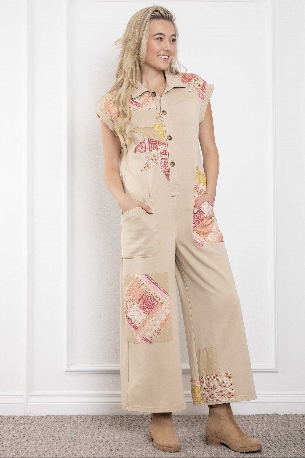 Patchwork Sleeveless Button Up Jumpsuit