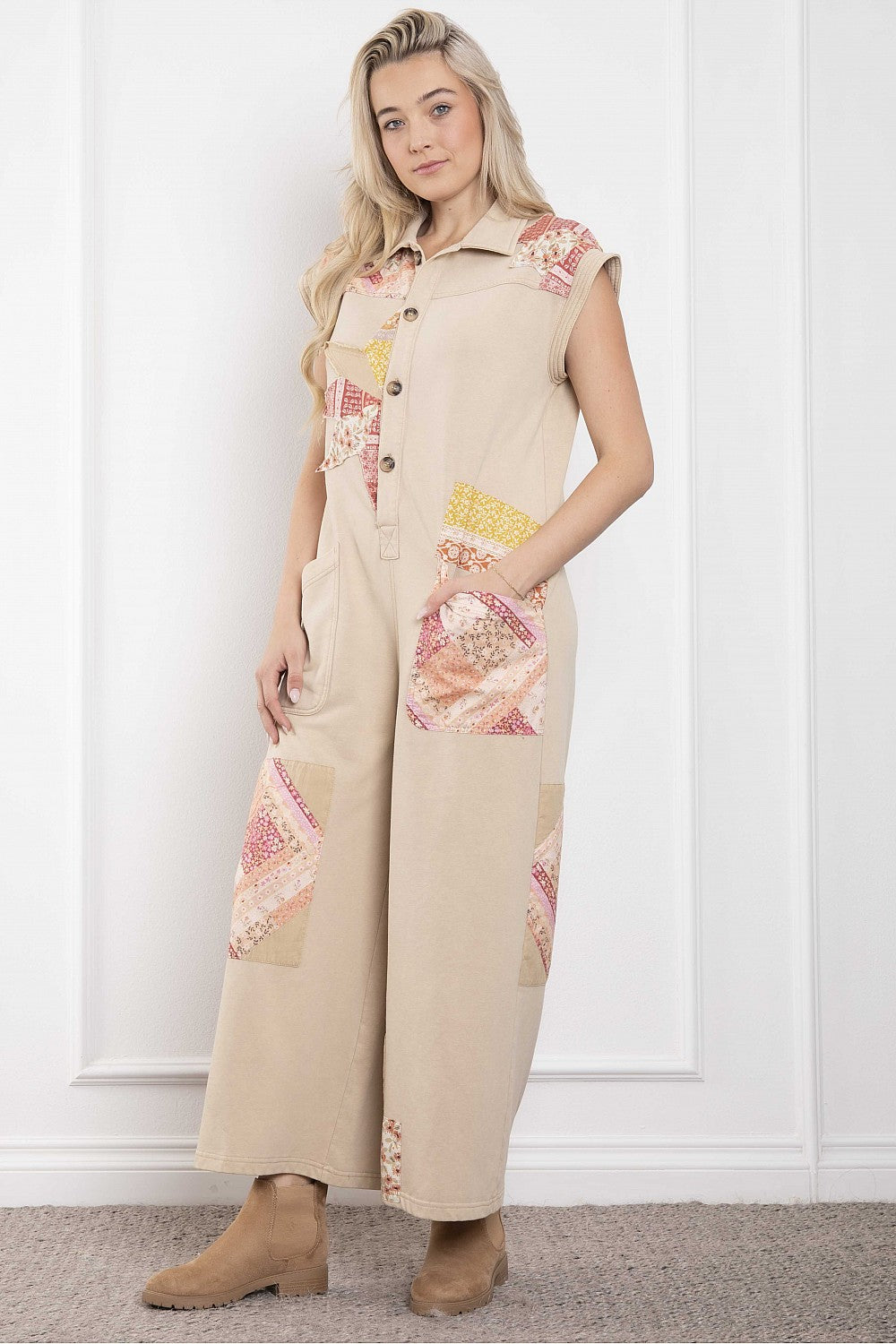 Patchwork Sleeveless Button Up Jumpsuit