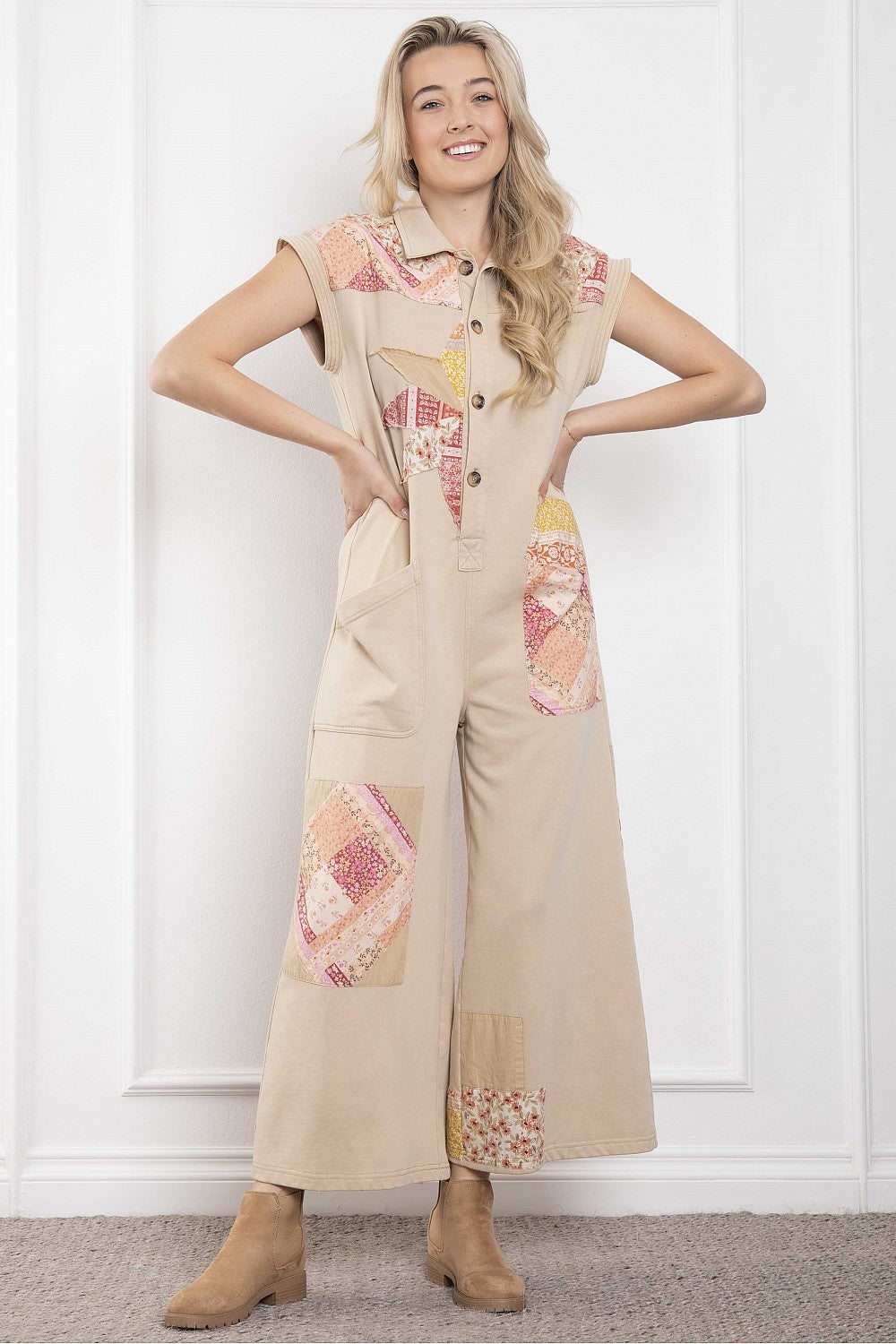 Patchwork Sleeveless Button Up Jumpsuit
