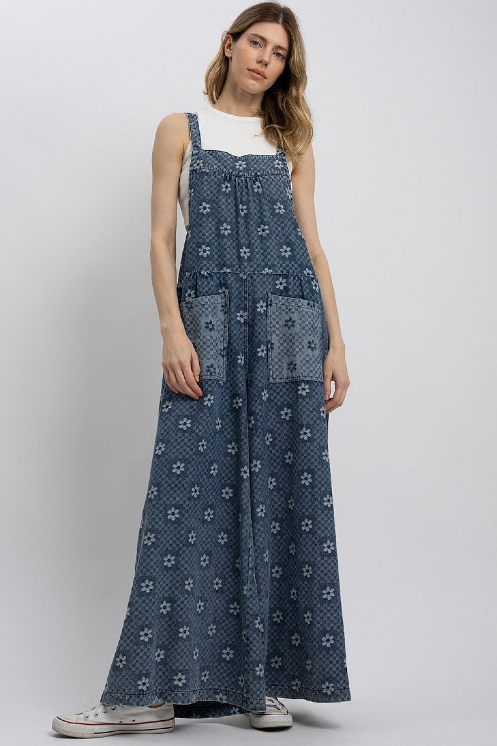 Denim Flower Print Jumpsuit