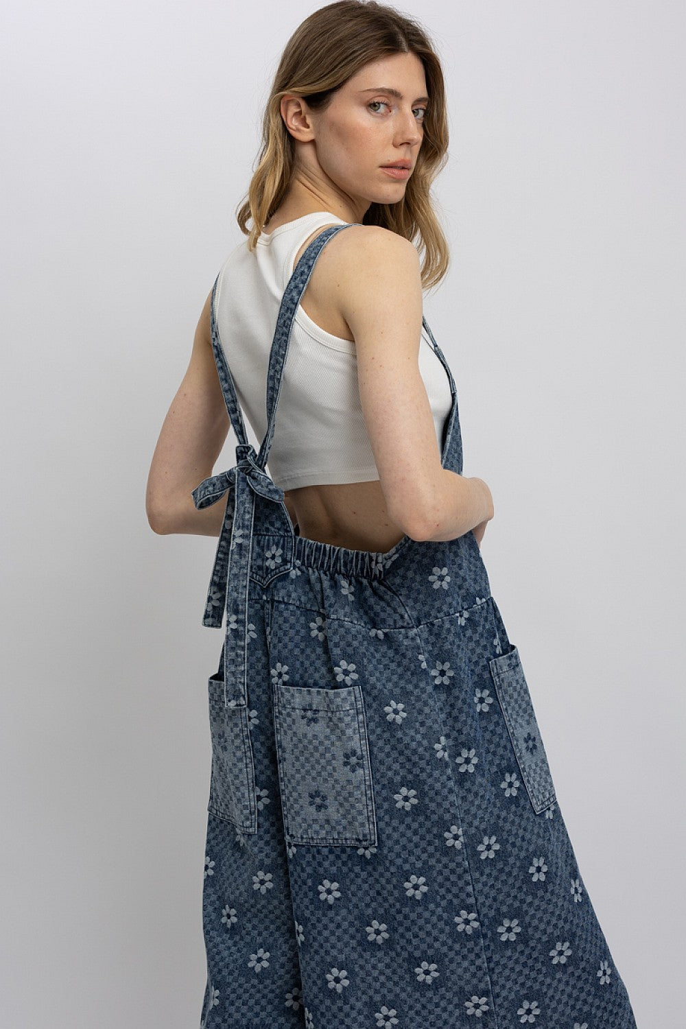 Denim Flower Print Jumpsuit