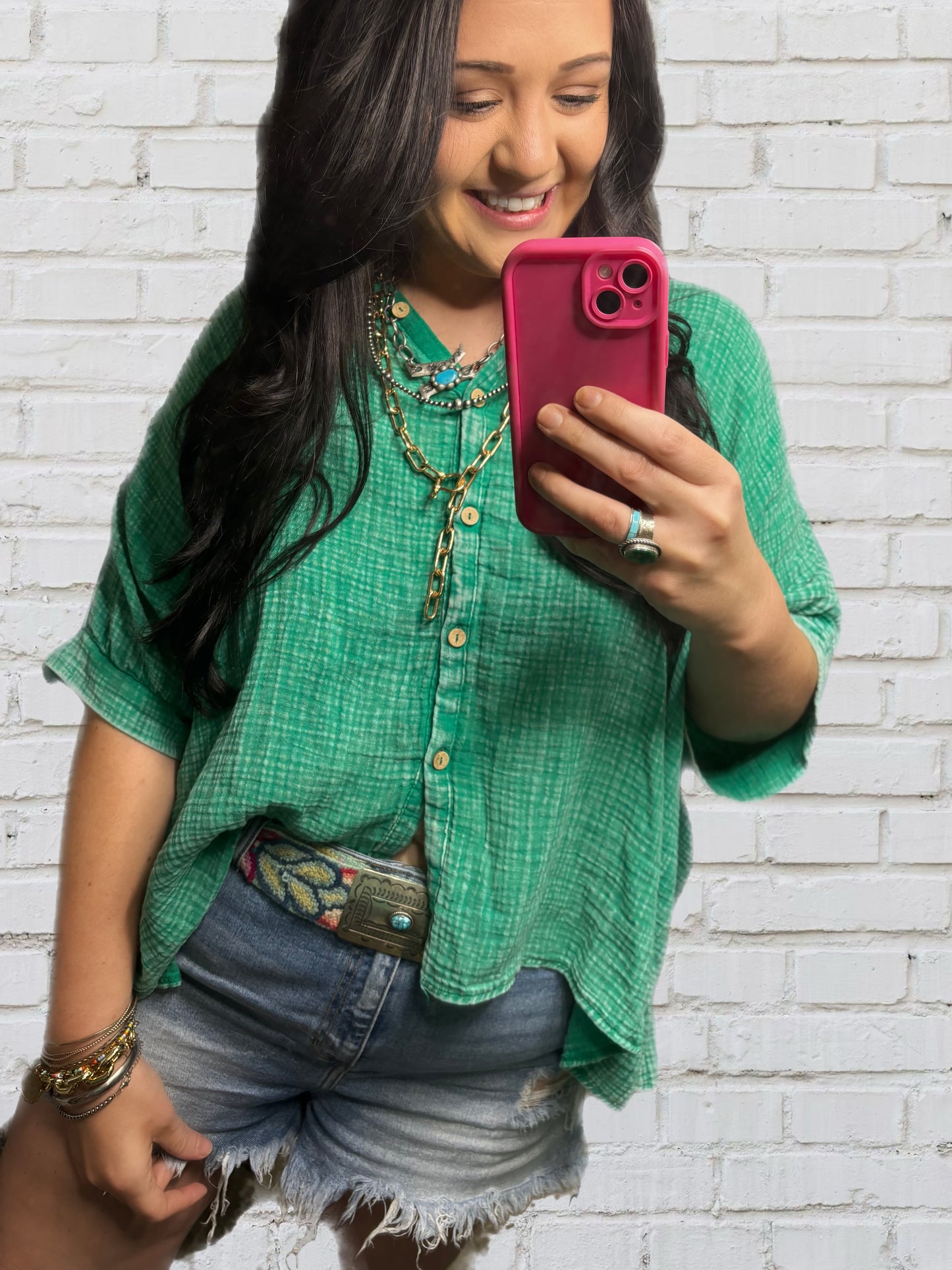 Kelly Green Washed Gauze Top