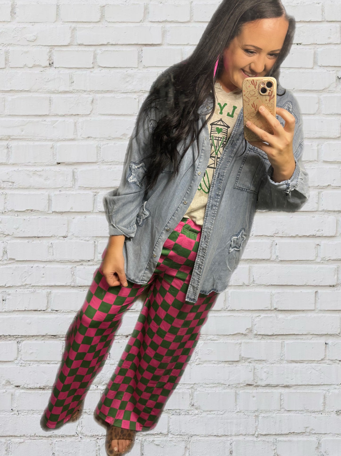 Hot Pink & Green Checkered Straight Leg Pants