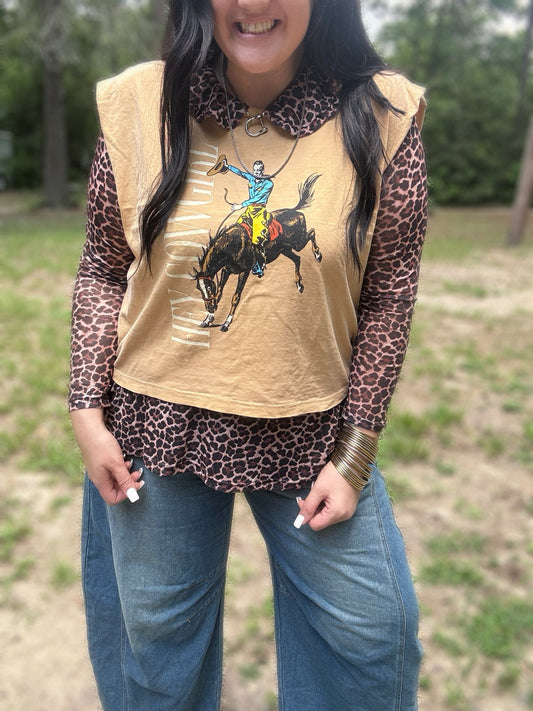 Cheetah Collard Mesh Top