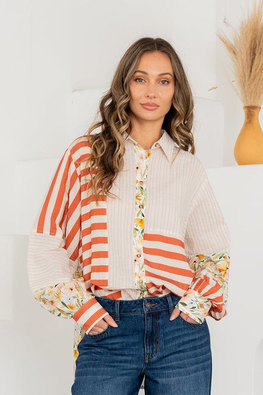 Ivory Rust Button Down Floral Stripe Top
