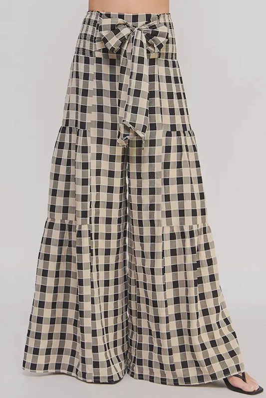 Black Smocked Waist Gingham Pant