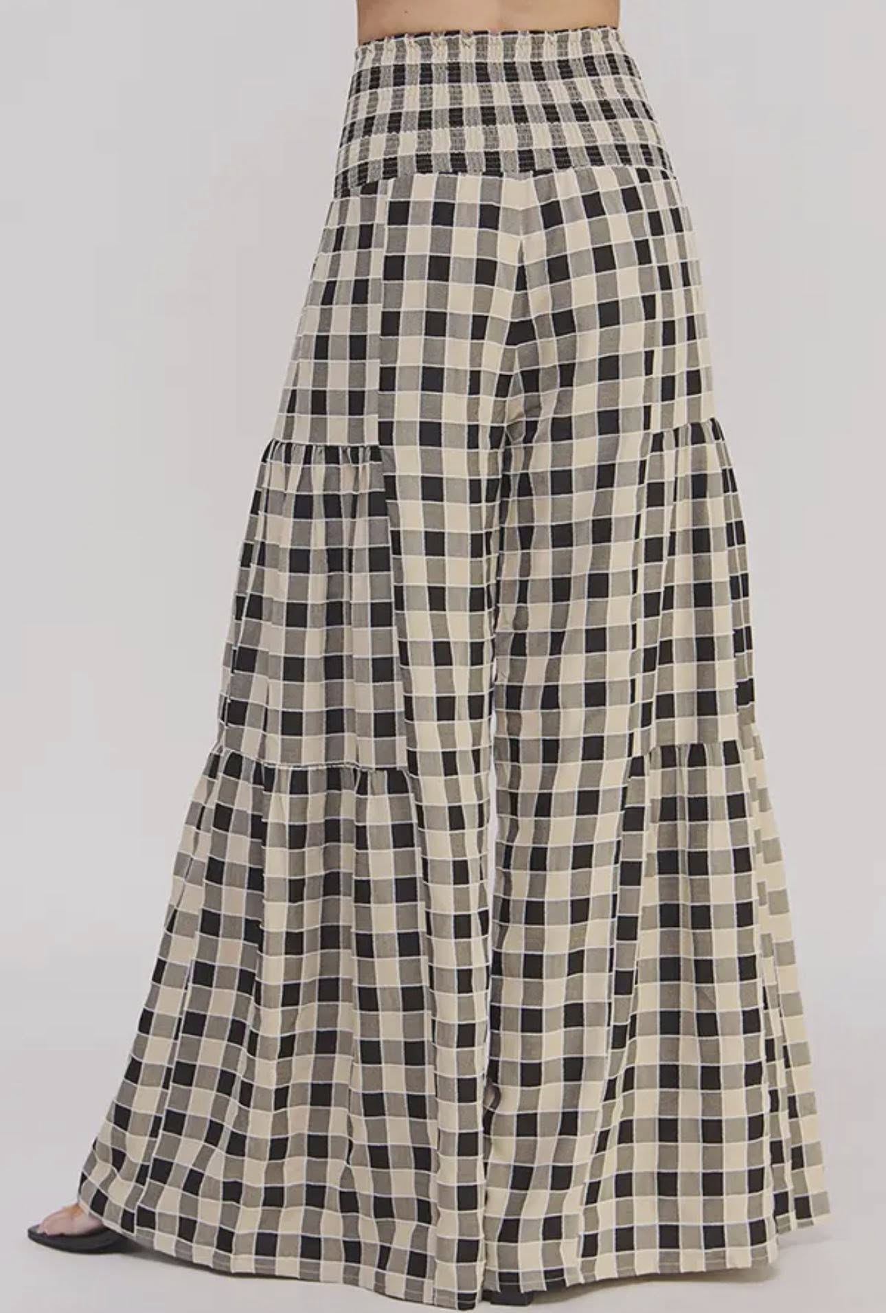 Black Smocked Waist Gingham Pant