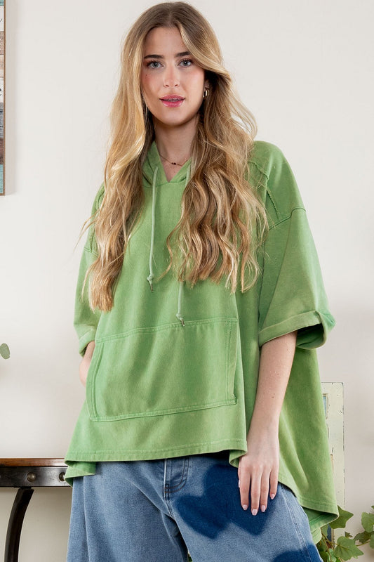 Green Mineral Washed Short Sleeve Hoodie Top