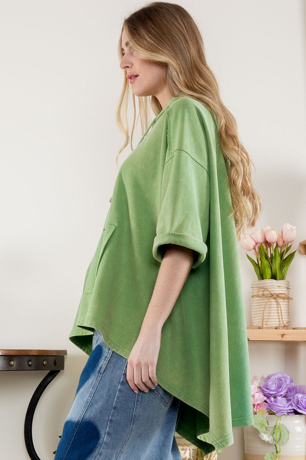 Green Mineral Washed Short Sleeve Hoodie Top