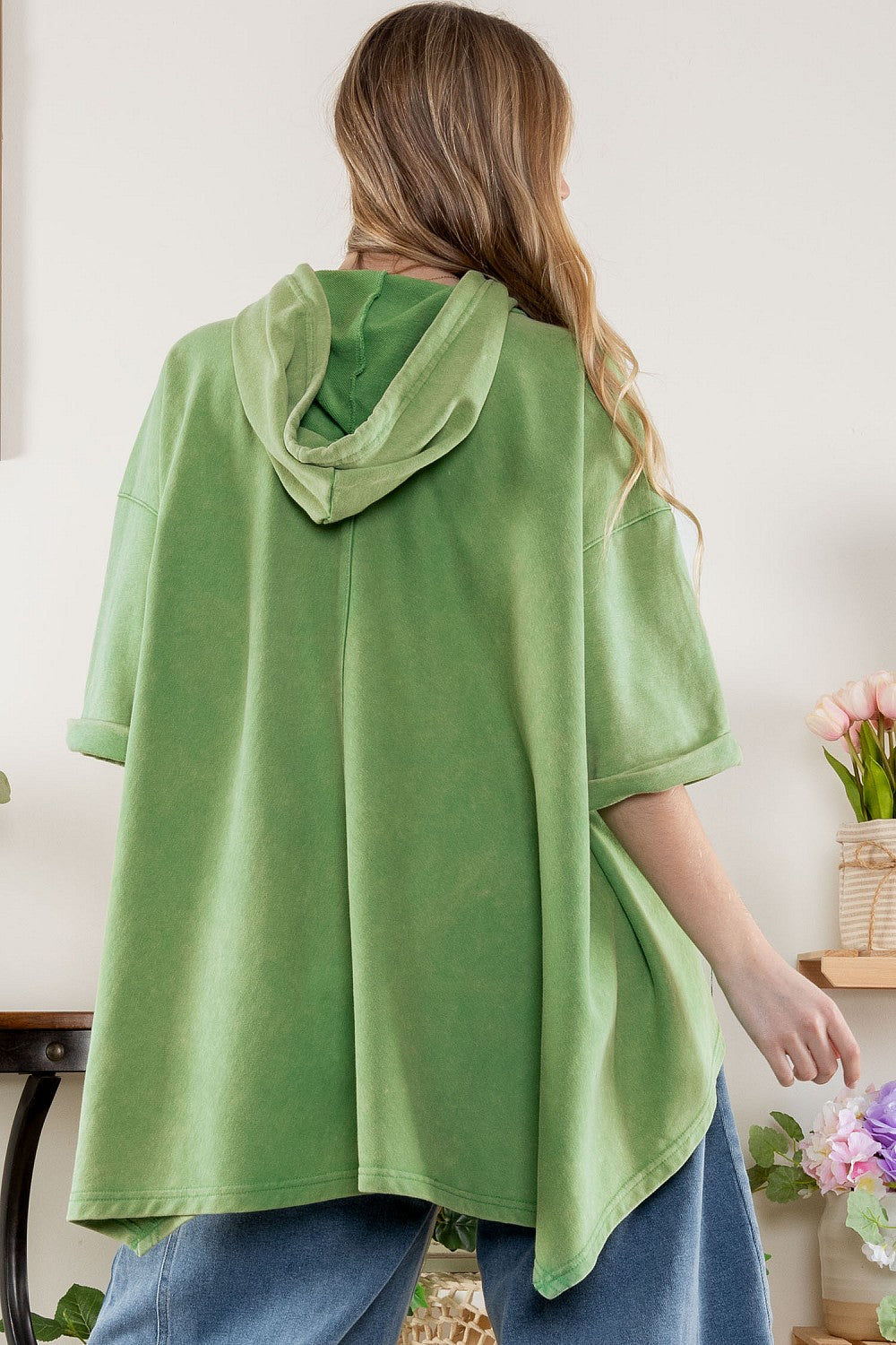 Green Mineral Washed Short Sleeve Hoodie Top