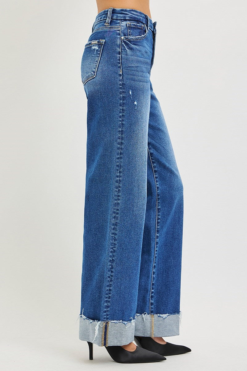 High Rise Wide Leg Jeans w/Cuffed Hem
