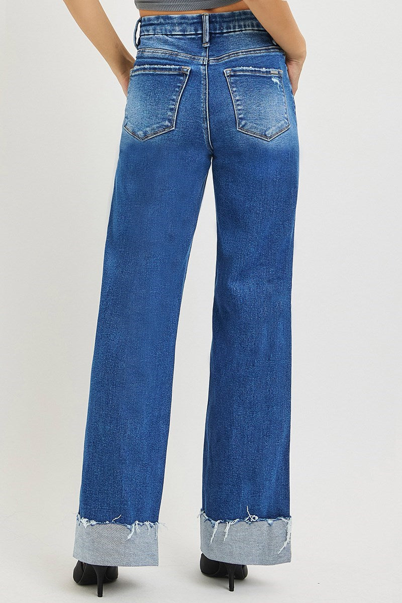 High Rise Wide Leg Jeans w/Cuffed Hem