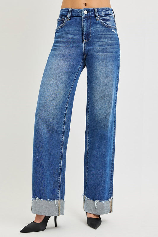 High Rise Wide Leg Jeans w/Cuffed Hem