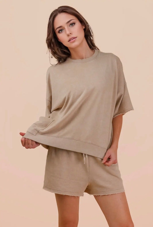 Beige Mineral Washed Knit Set