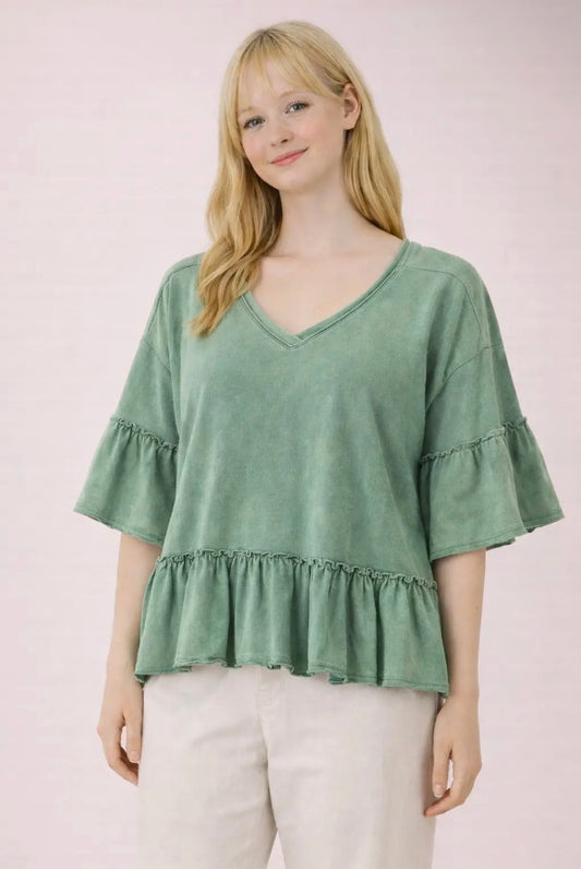 Sage Mineral Wash Ruffle Knit Top