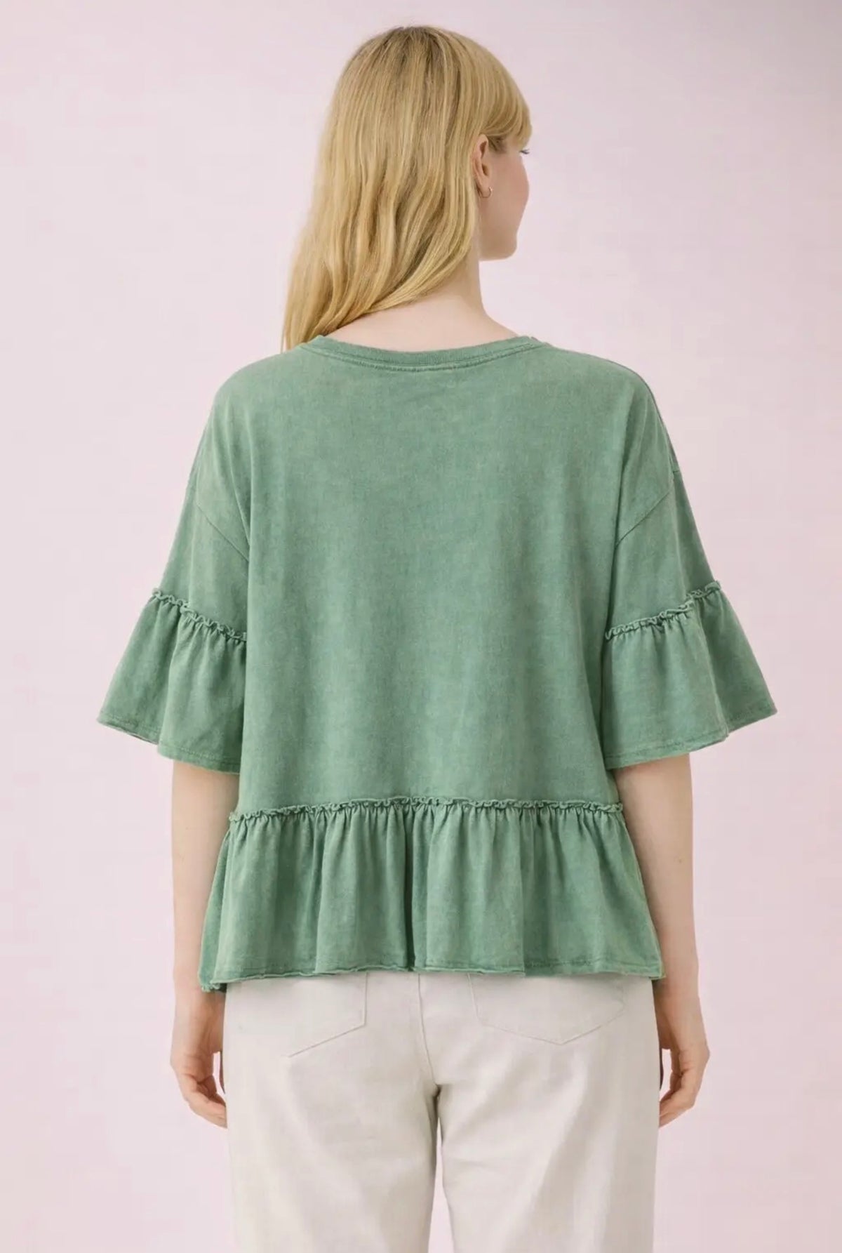 Sage Mineral Wash Ruffle Knit Top