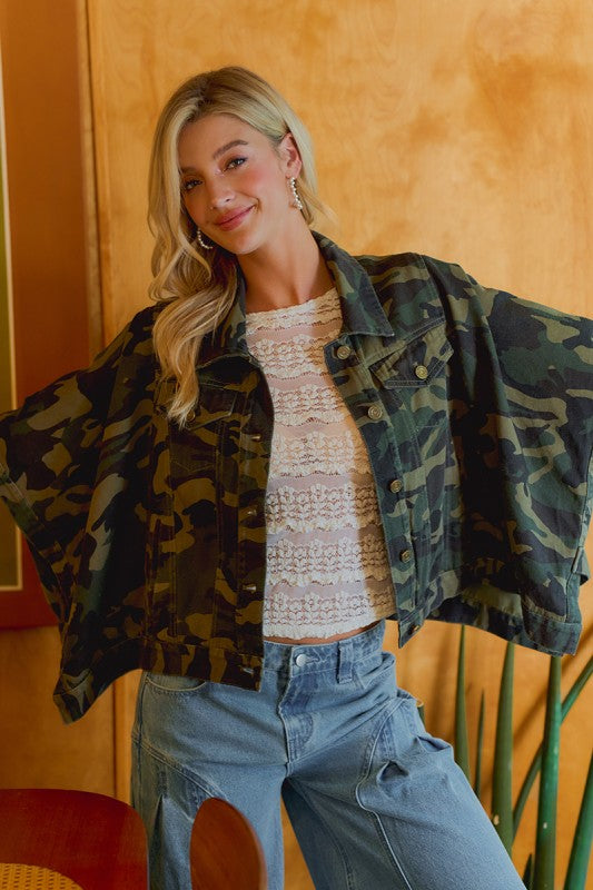 Camo Cape Sleeve Trucker Jacket