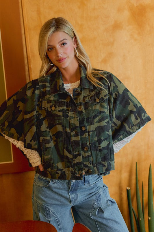 Camo Cape Sleeve Trucker Jacket