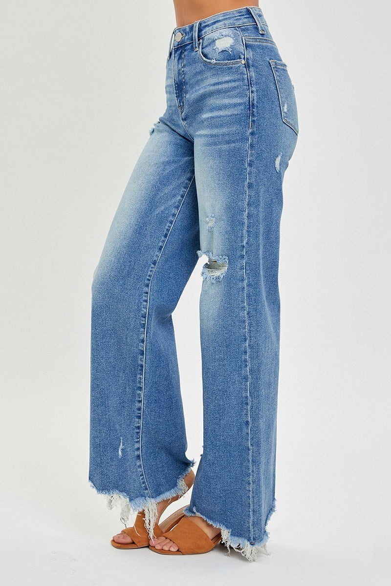 Medium Wash High Rise Frayed Hem Jeans