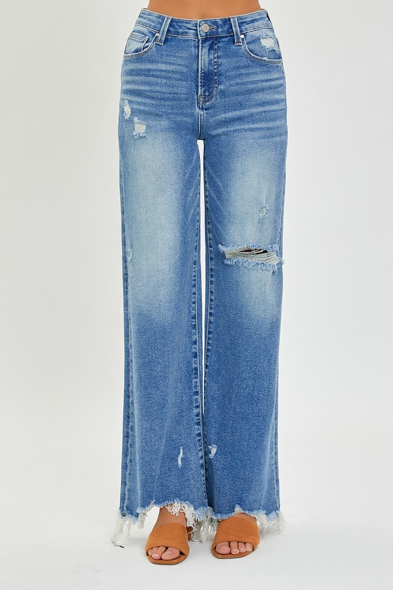 Medium Wash High Rise Frayed Hem Jeans