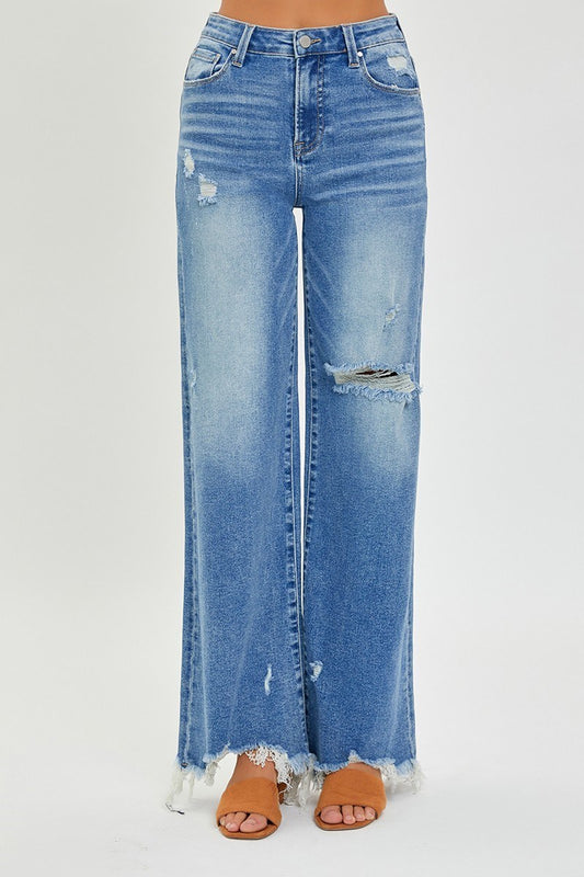Medium Wash High Rise Frayed Hem Jeans
