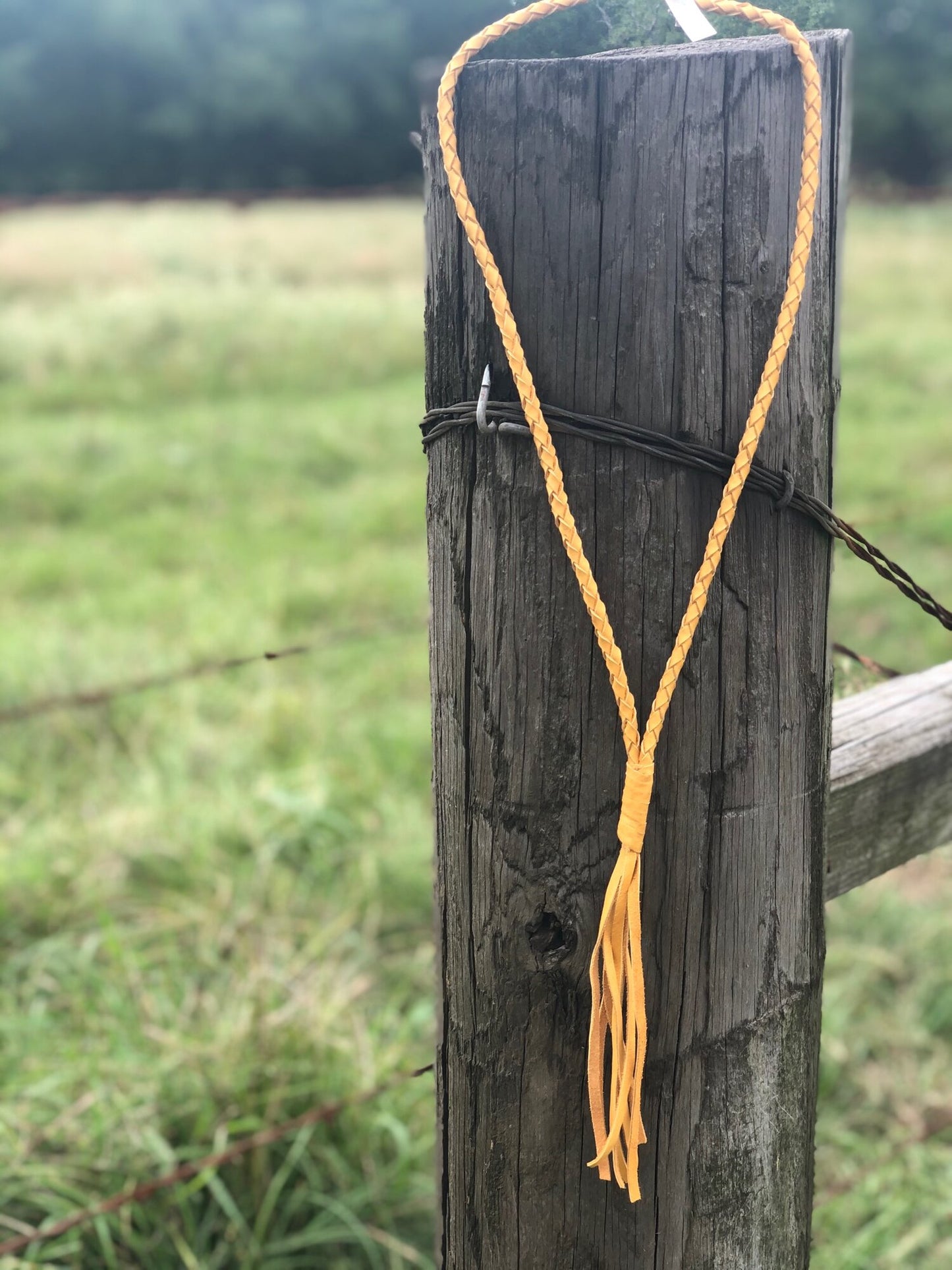 Mustard Braided Leather Tassel Necklace