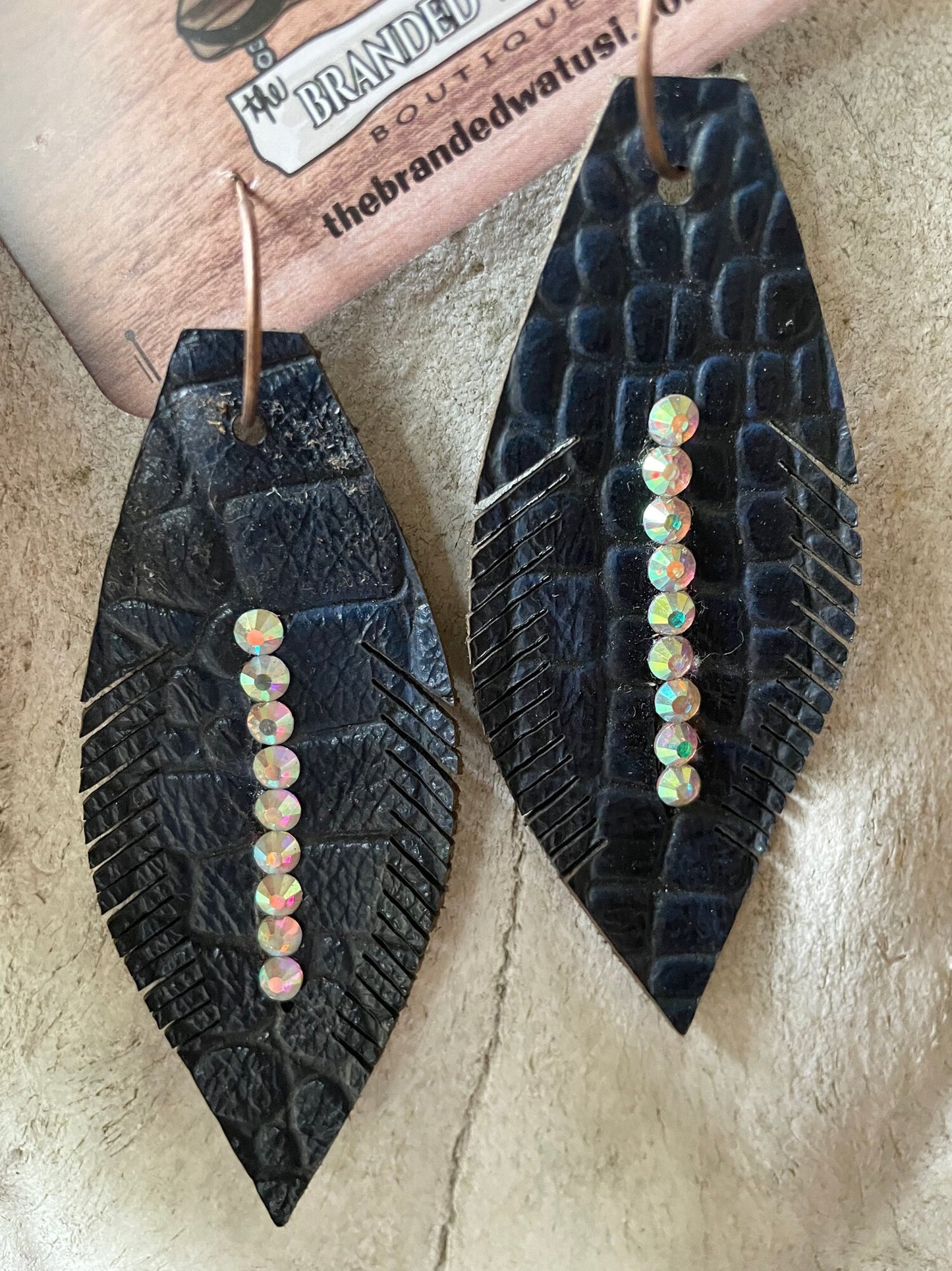 Navy Tooled Leather Feather Earrings