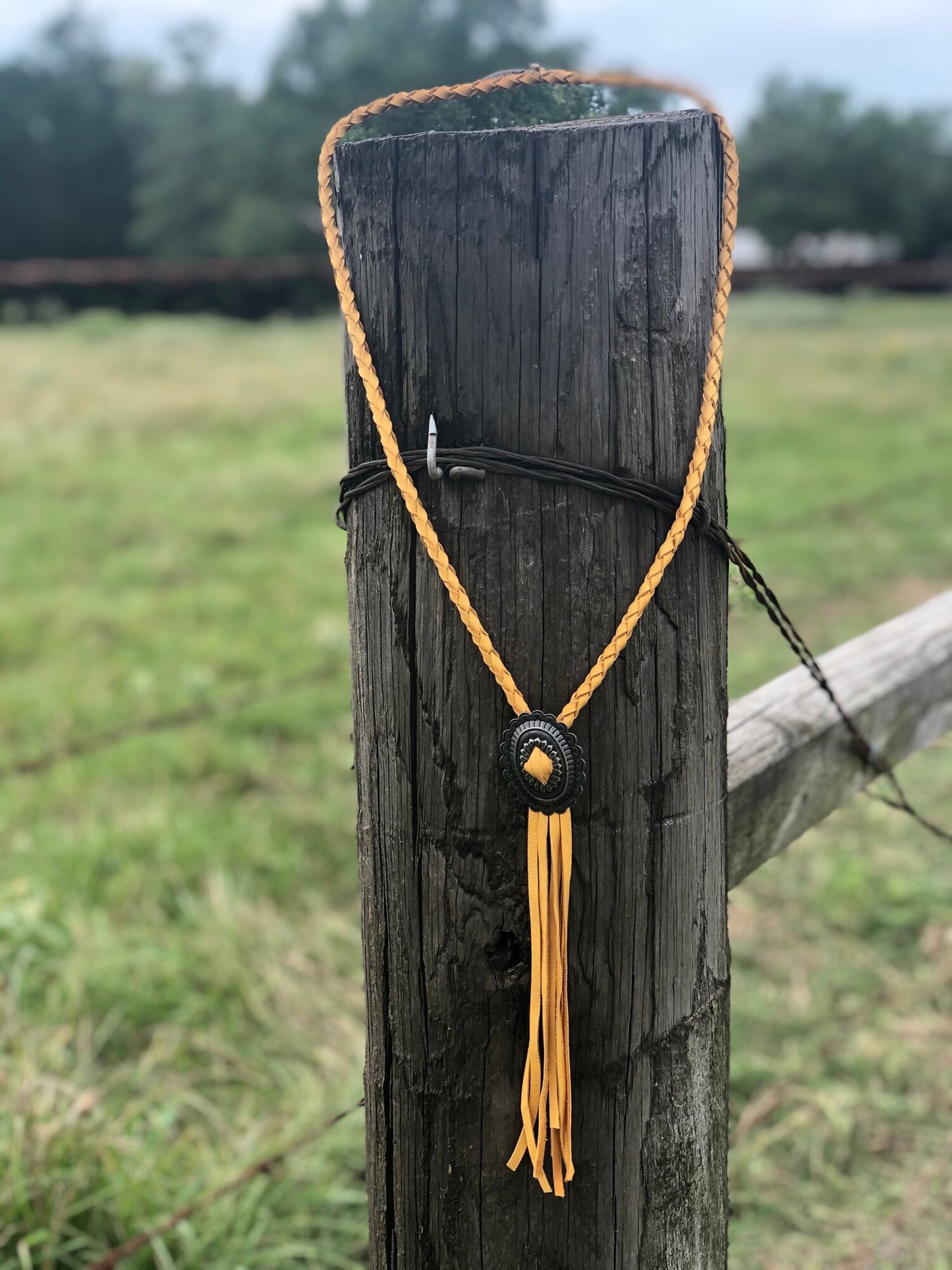 Braided Leather Concho Necklace