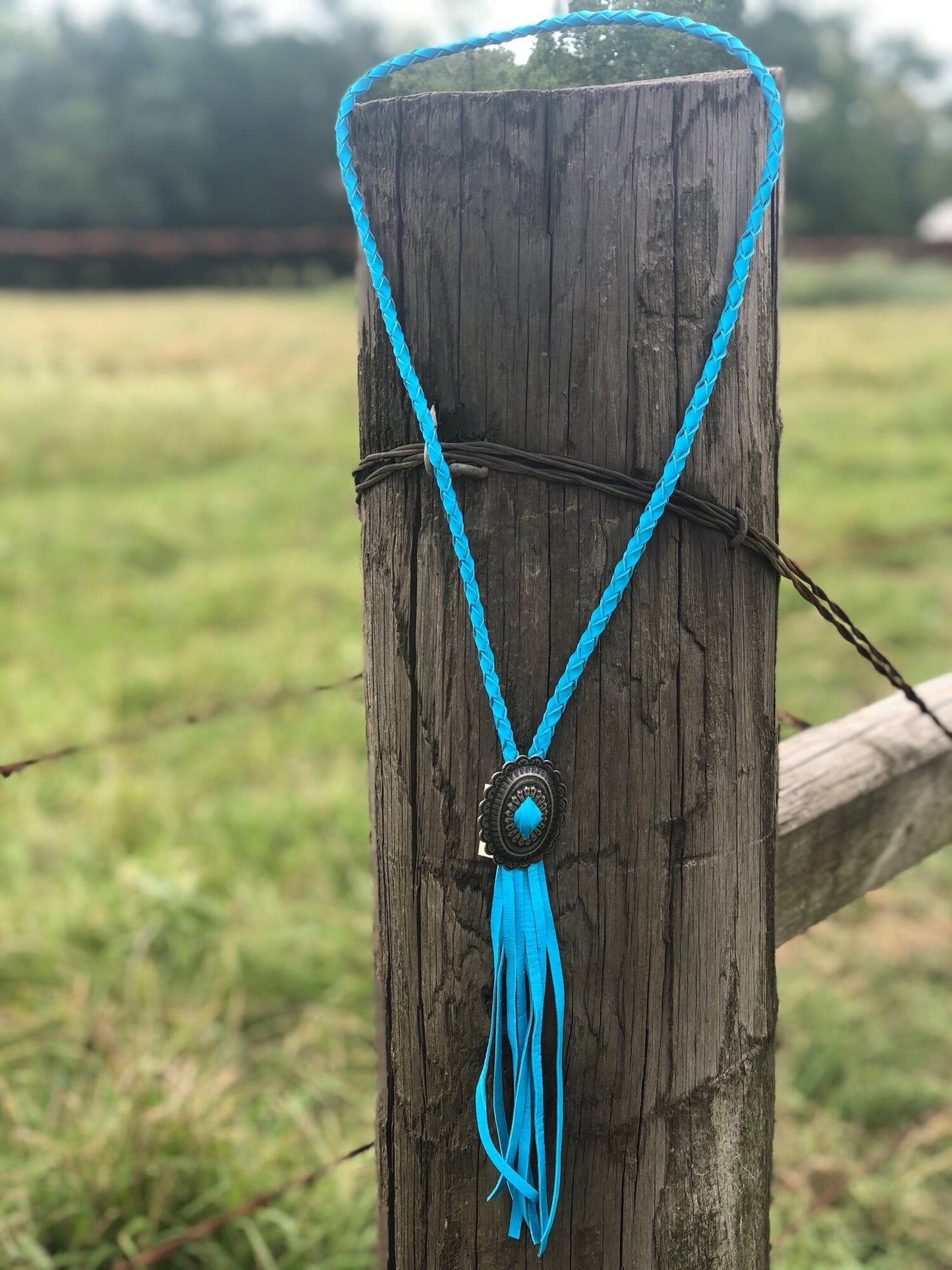 Braided Leather Concho Necklace