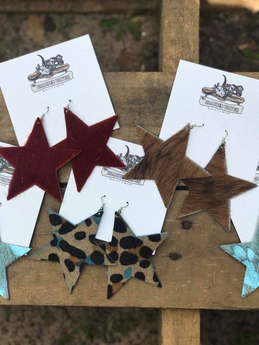 Brown Cowhide Star Earrings