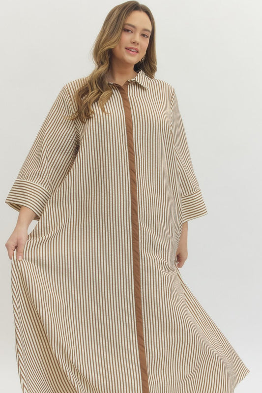 Striped 3/4 Sleeve Midi Dress