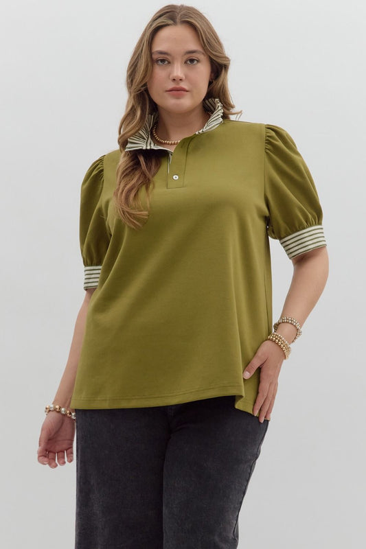Olive Knit Puff Sleeve Top