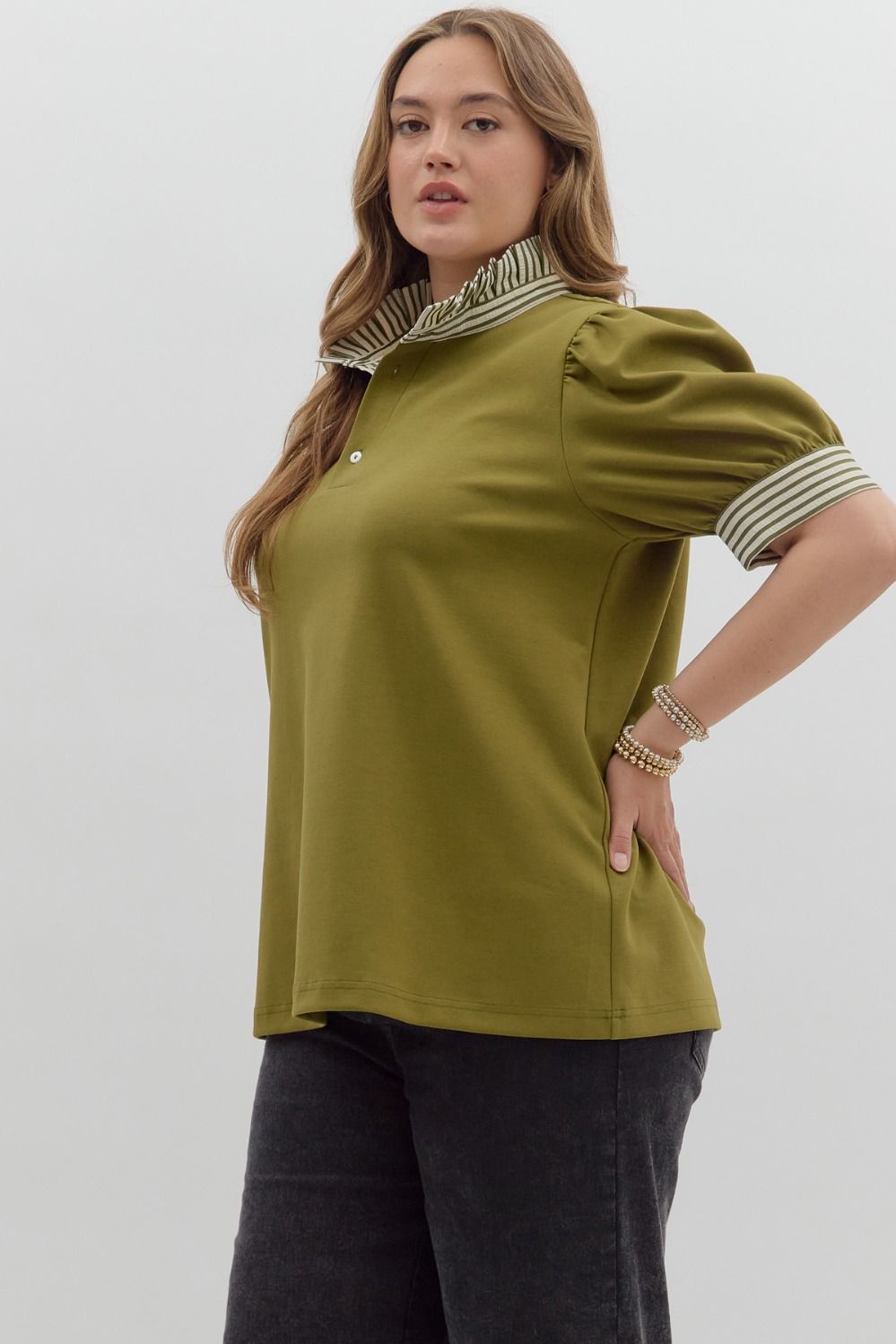 Olive Knit Puff Sleeve Top
