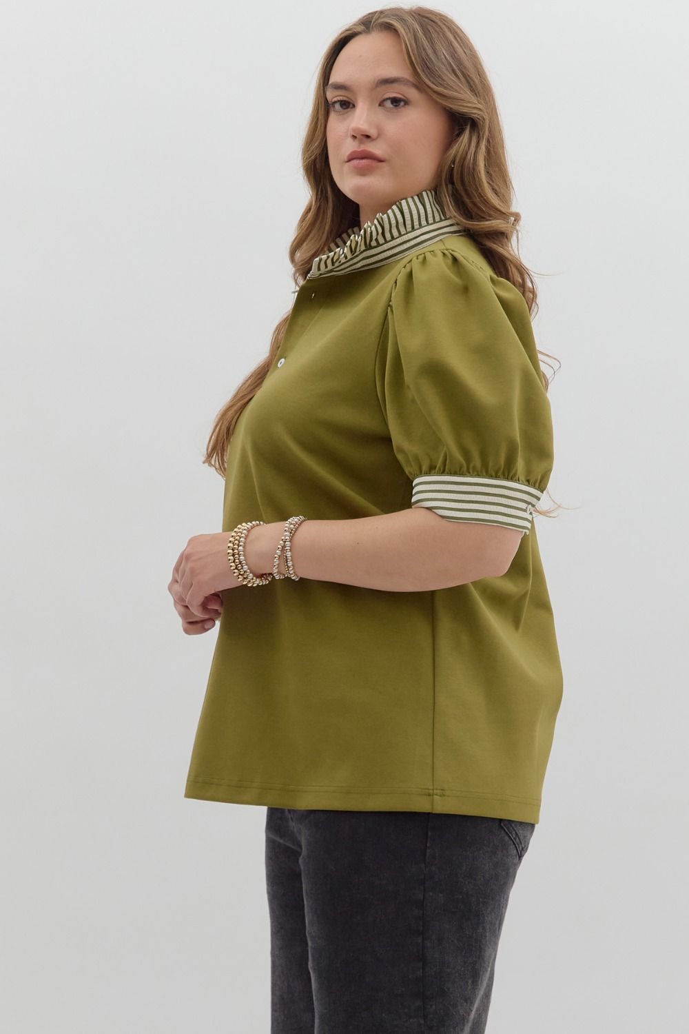 Olive Knit Puff Sleeve Top